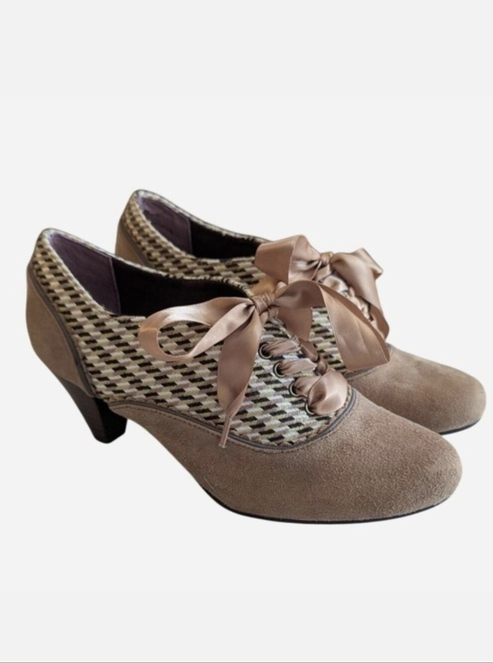 Poetic Licence Houndstooth Suede Ribbon Lace Up Pump Taupe EUR 38.5 US 8